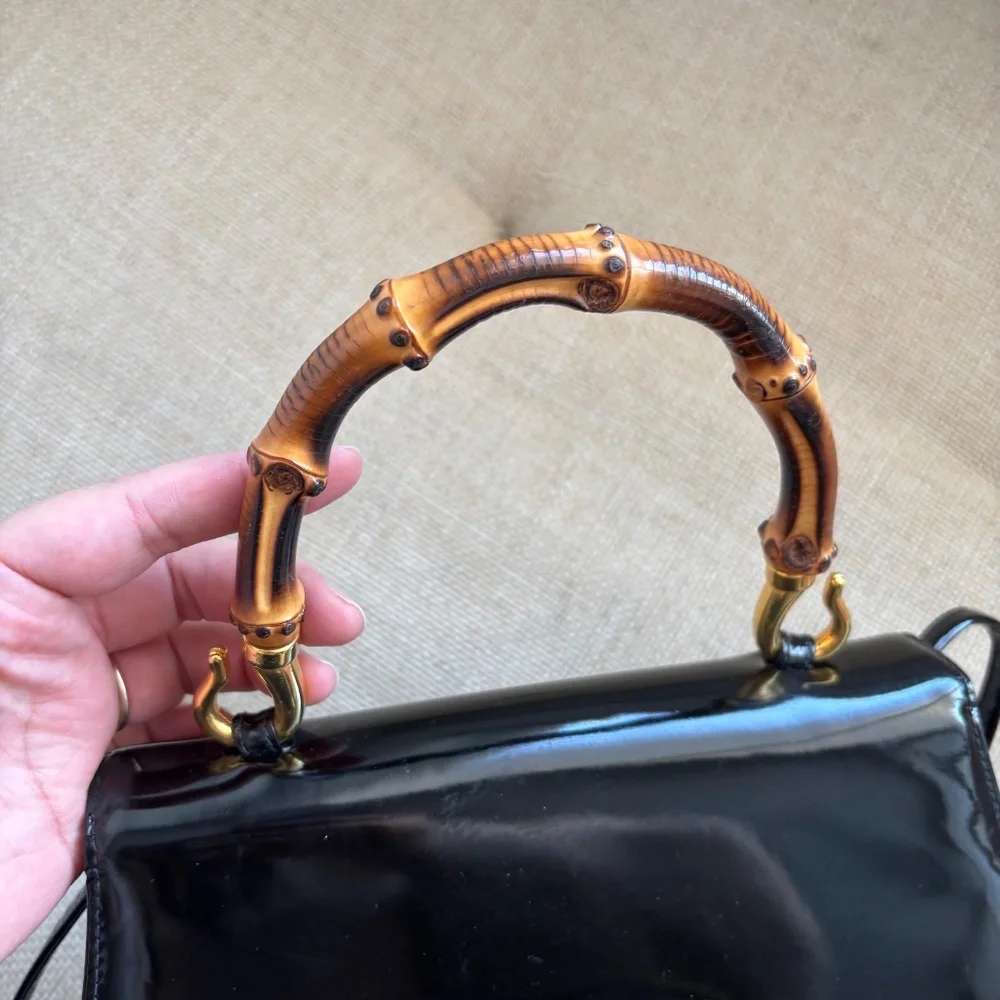 Susan Gail Vintage 1960s Black Patent Leather Bamboo Handle Purse - Picture 4 of 12